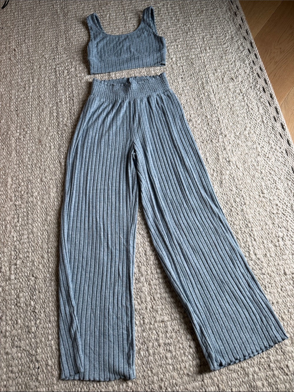 Z Supply Ribbed Wide-Leg Knit Pants and top in Light Blue